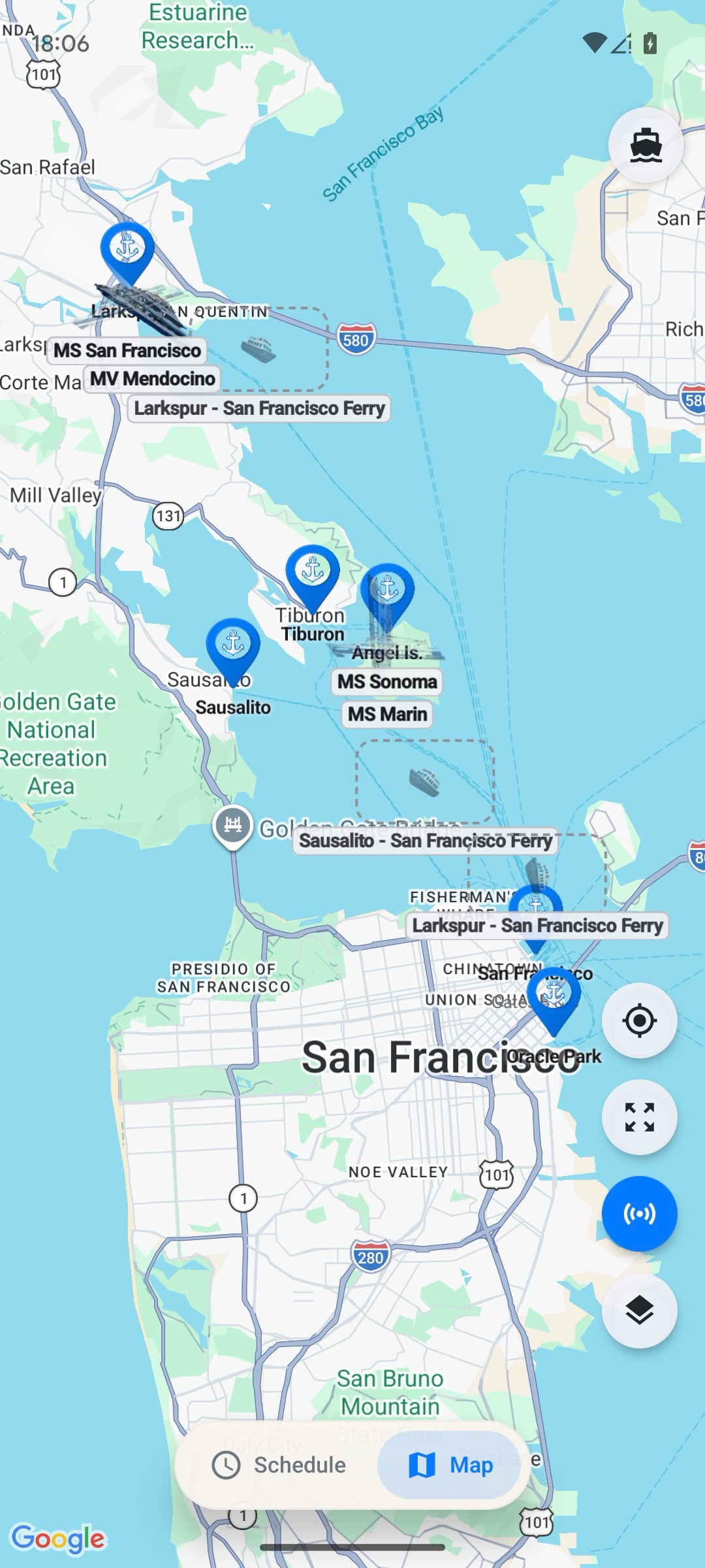 Ferry SF live map on Android with ferry terminals and vessels