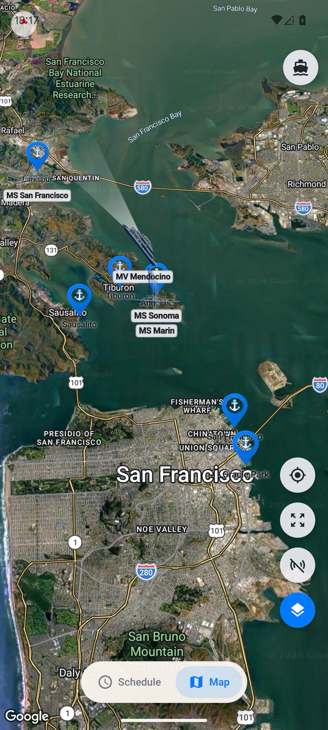 Ferry SF map on Android showing vessels across San Francisco Bay