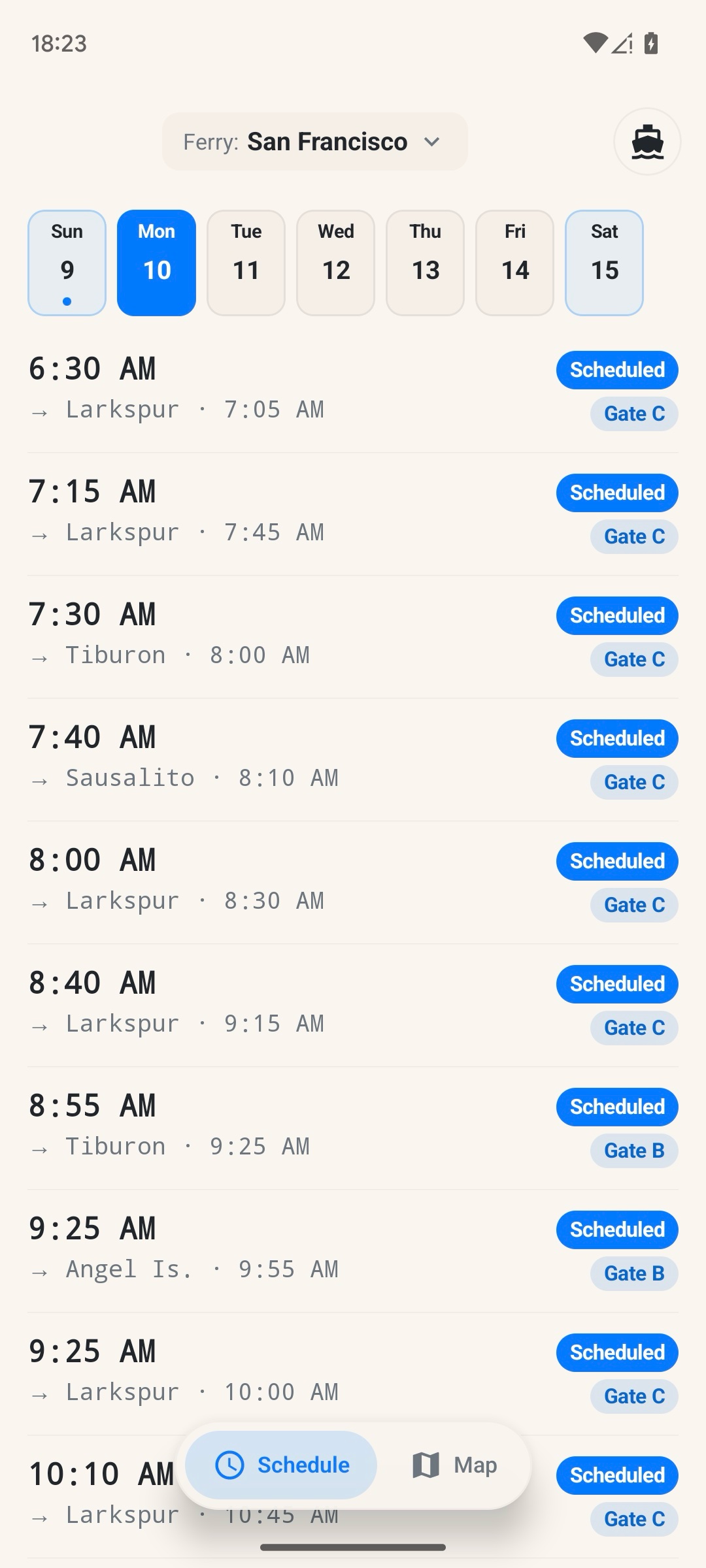 Ferry SF schedule list on Android