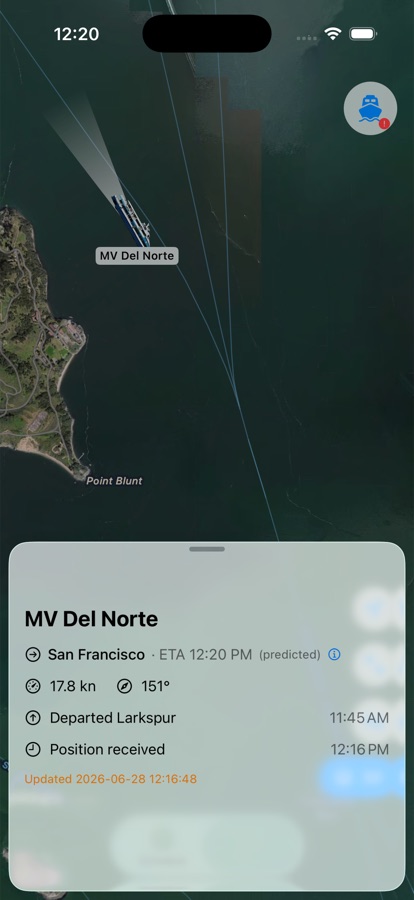 Ferry SF live map on iPhone with vessel detail