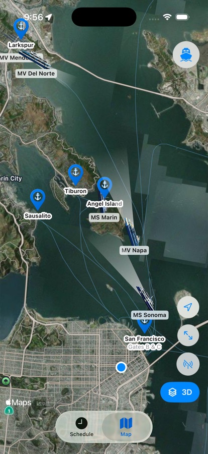 Ferry SF map on iPhone with ships across the bay