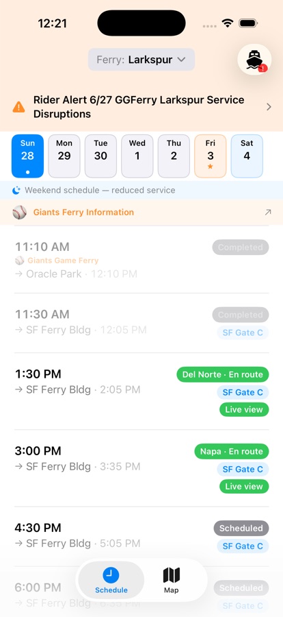 Ferry SF schedule tab on iPhone